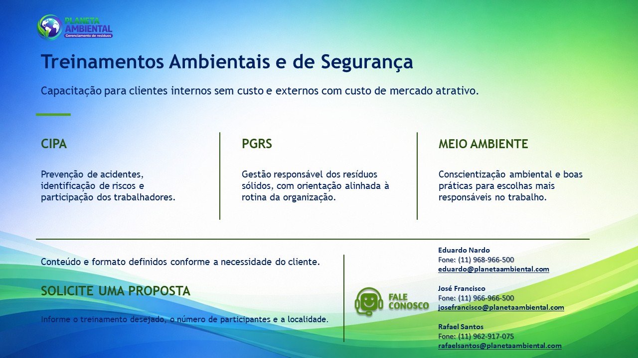 Treinamentos Ambientais e de Segurança: CIPA, PGRS e Meio Ambiente. Solicite uma proposta com a Planeta Ambiental.